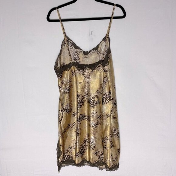 Vintage Y2K Premiere Collection Leopard Print Satin Slip Dress Lingerie W Lace L - Picture 2 of 14